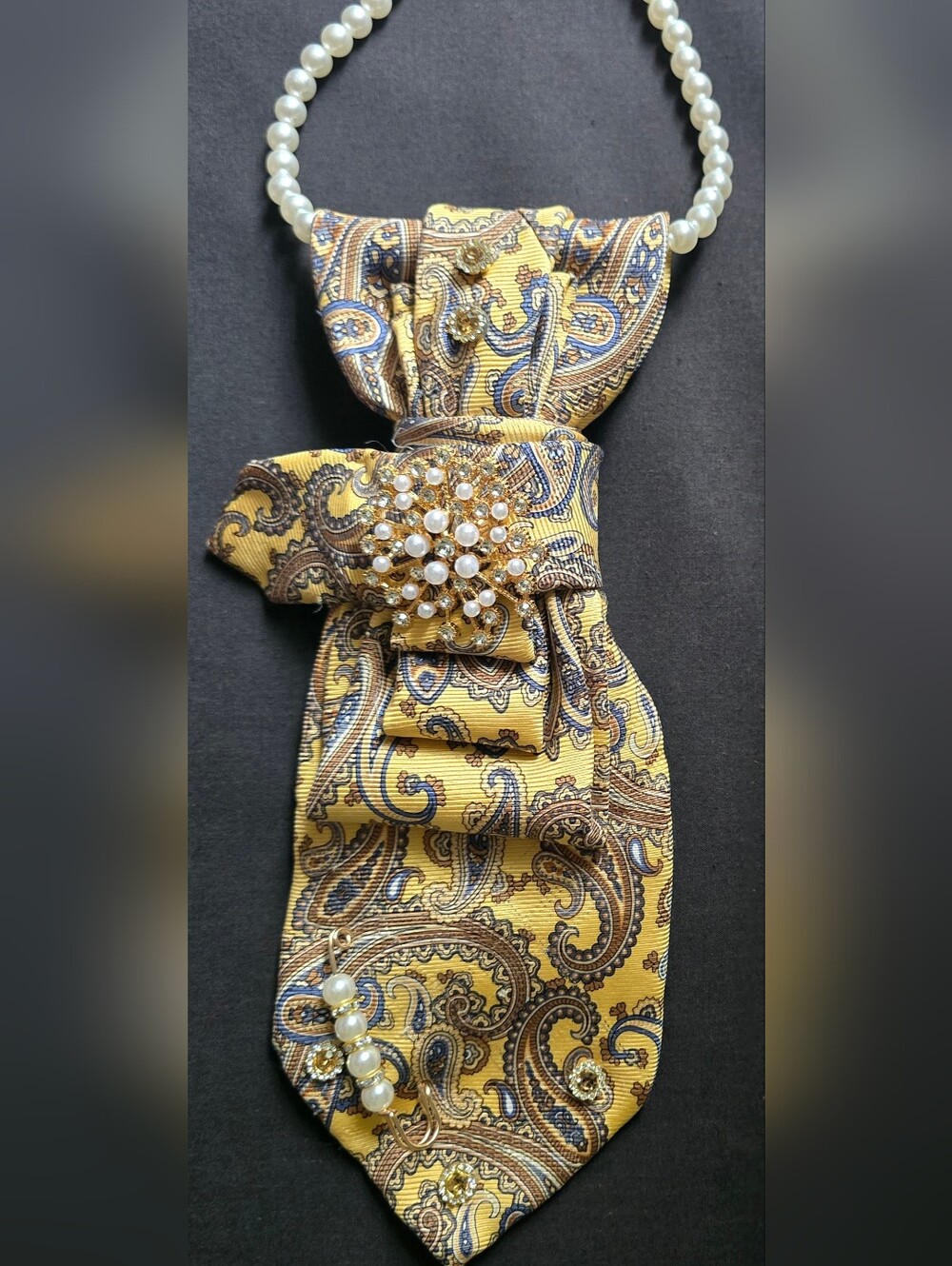 Yellow Paisley Necktie Necklace with Pearl Accents